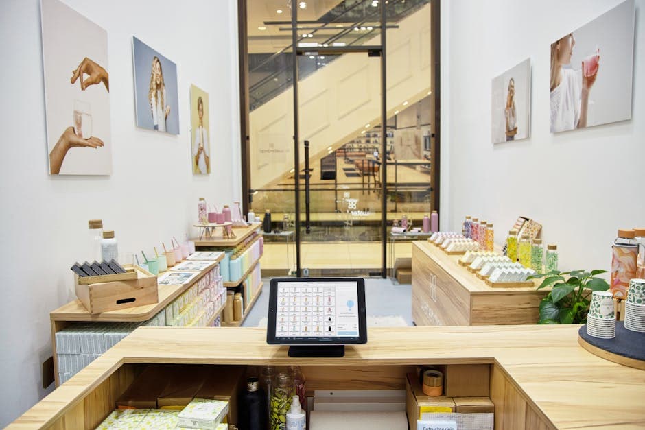 Stylish store in Berlin showcasing cosmetics and decor with a central tablet display. Perfect for retail concepts.